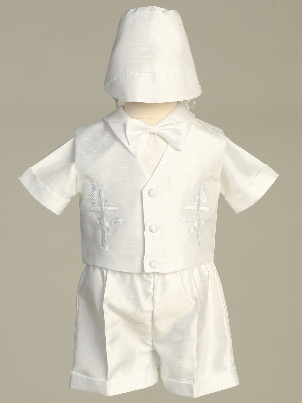 8470A WHT Lito Embroidered shantung vest with shirt and short set