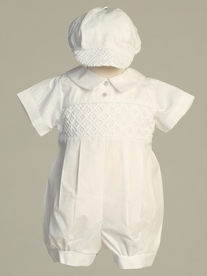 Poly cotton romper with embroidered cotton eyelet trim