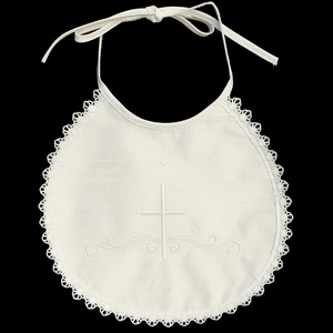 100% Raw silk bib with embroidered cross & lace trim