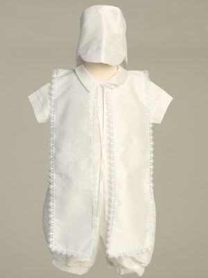Poly silk shantung romper with embroidered shawl