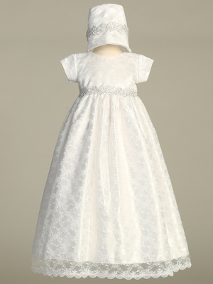 Lace gown with silver embroidered trim