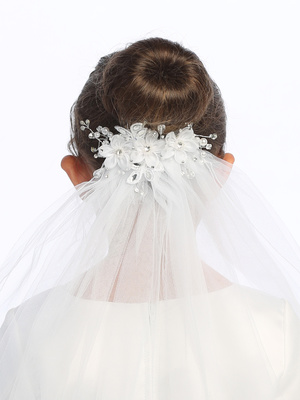 24" Veil on comb - Organza flowers & rhinestones, pearls & crystals