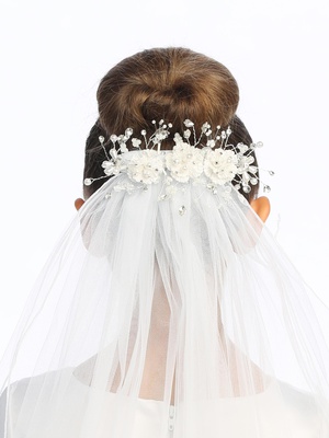 24" veil on comb - Corded flowers with pearls & rhinestones