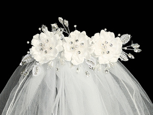 24" veil on comb - Silk & Organza flowers with pearls & rhinestones